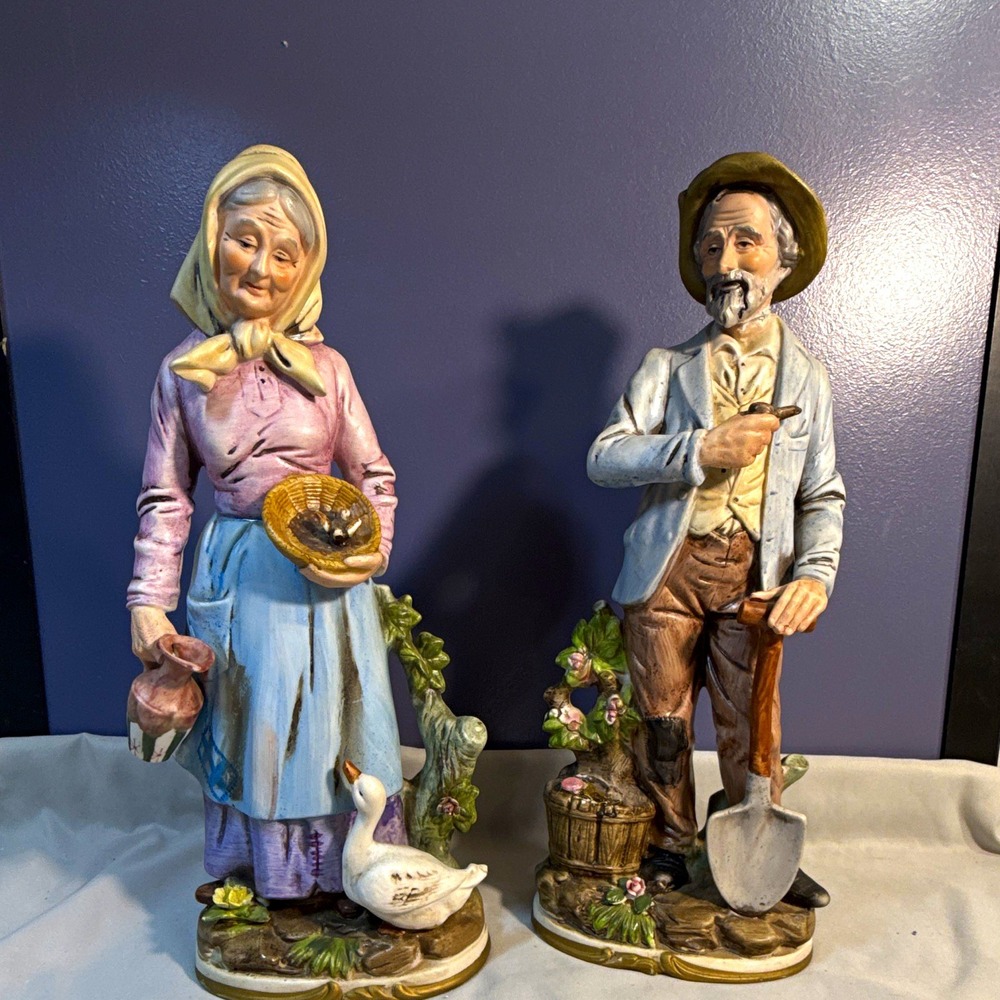 Vintage Homco 8816 Golden Years Porcelain Figurine Set Old Farmer Couple 13.5"